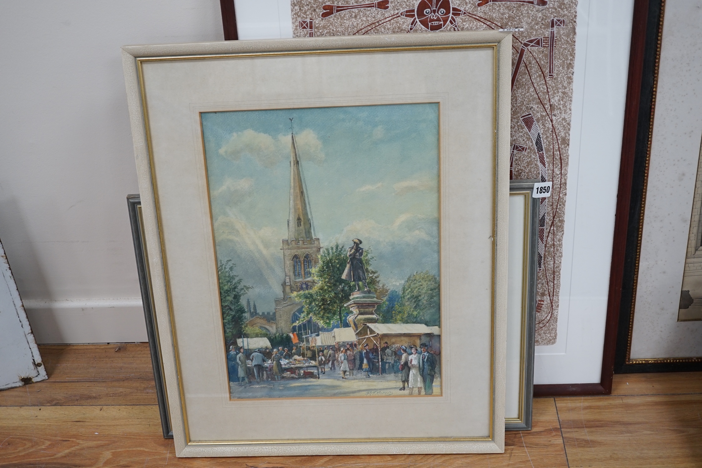 P T Morrod, watercolour, Market scene before a church, signed, 45 x 31.5cm. Condition - fair